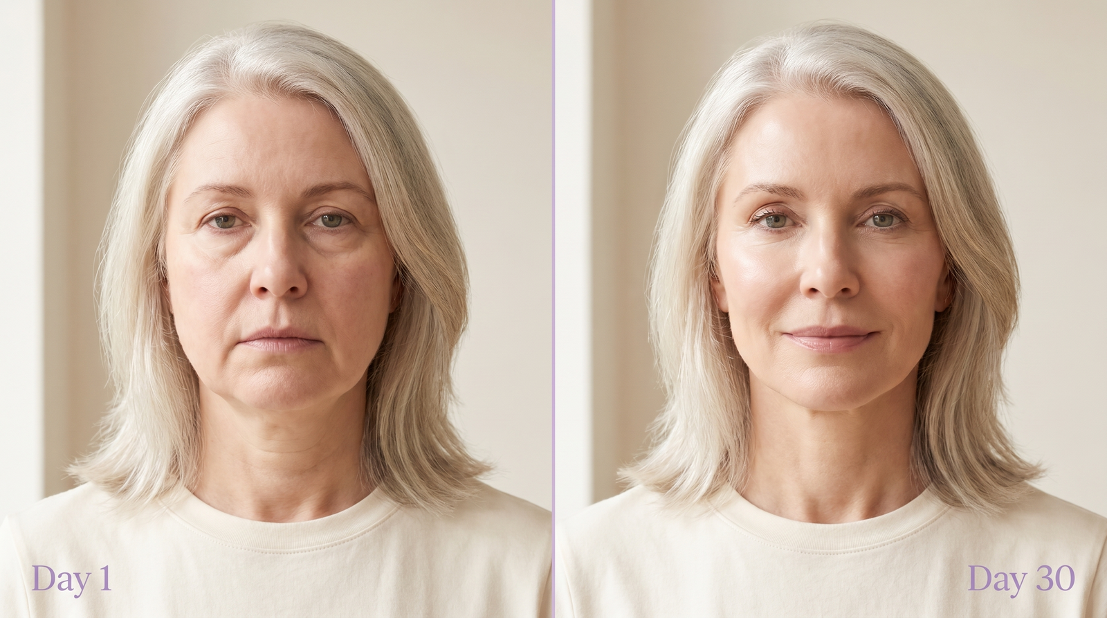 Day 1 vs Day 30 — same woman's face puffy and tired on the left, sculpted and brighter on the right after 30 days of Avonwell Lymphatic Drops
